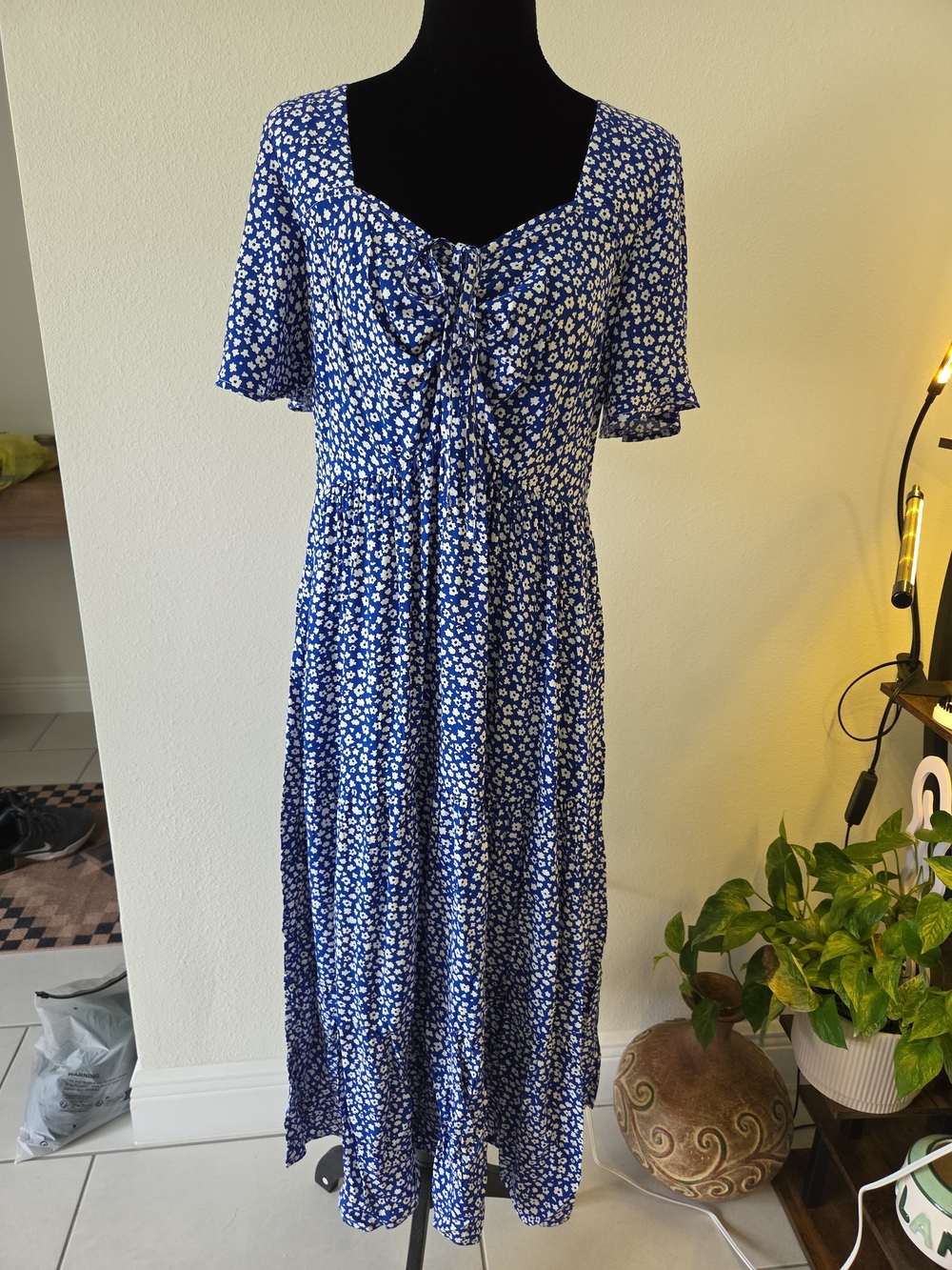 BloomChic Cobalt Blue Floral Midi Dress with Tie Front - Picture 2 of 9